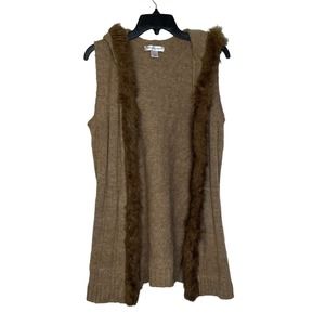 Christopher & Banks Open Hooded Brown Vest Fux Fur Trim Wool Blend‎ Women Small